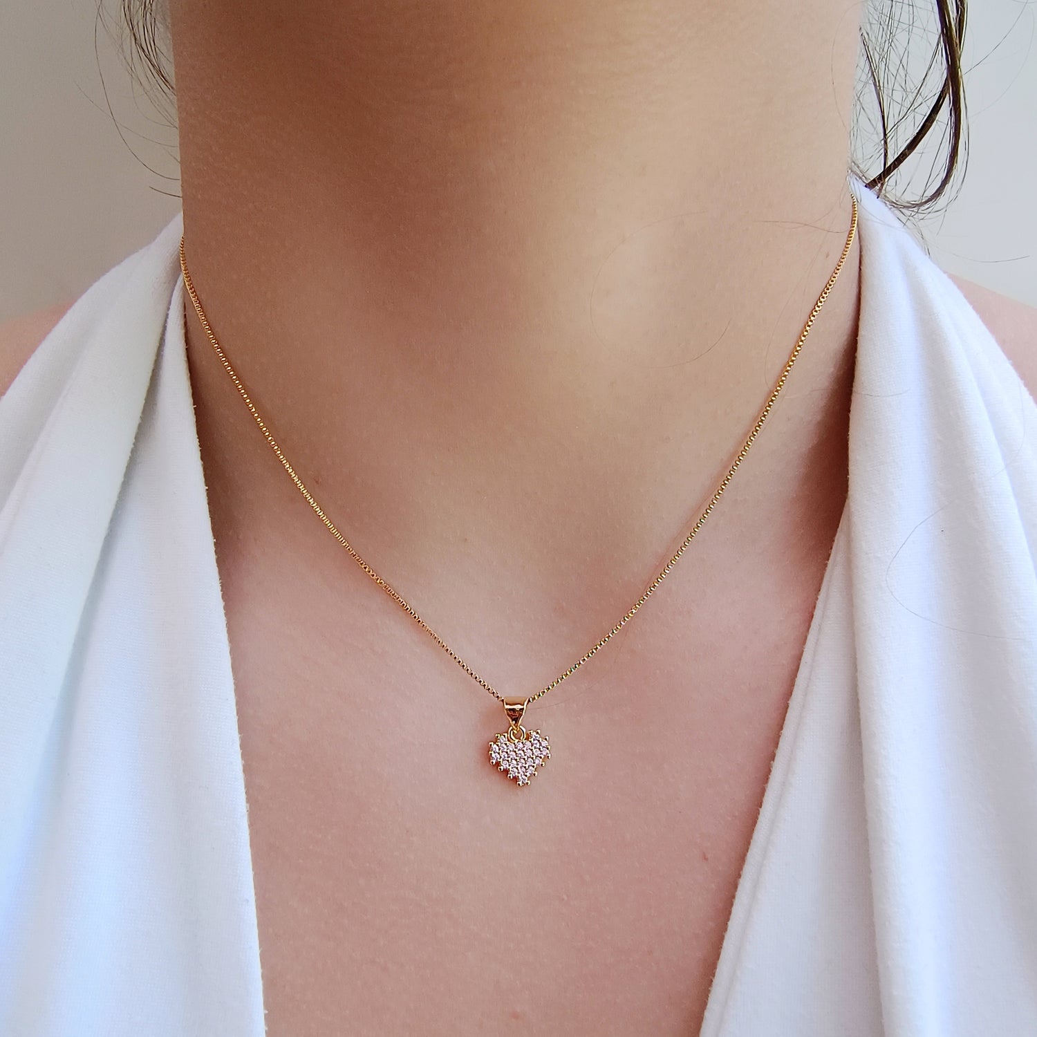 Conjunto Cadena y Colgante Corazón Circones Rosados - Baño de Oro 18Kt