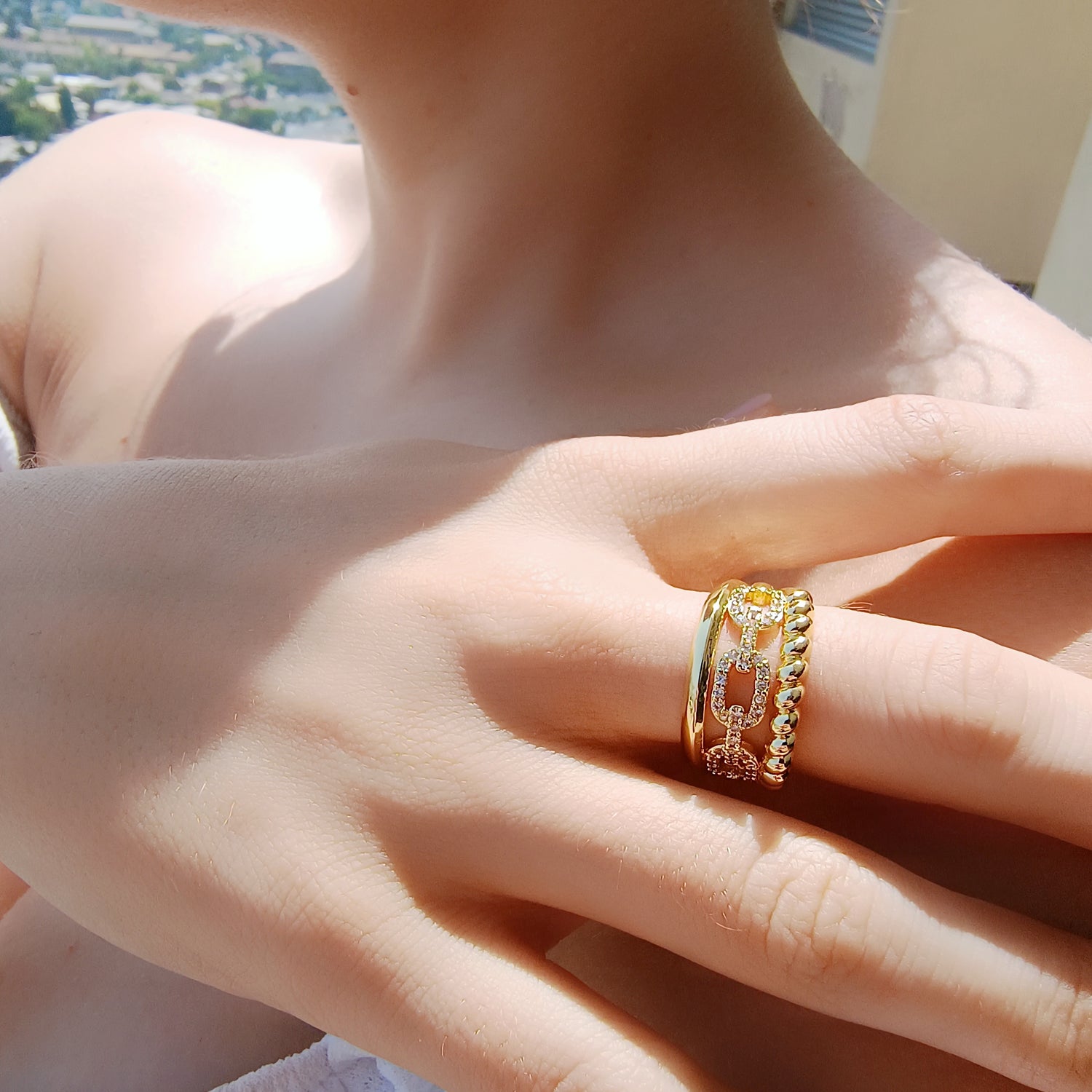 Anillo Trino - Medida Ajustable - Baño de Oro 18Kt y Circones
