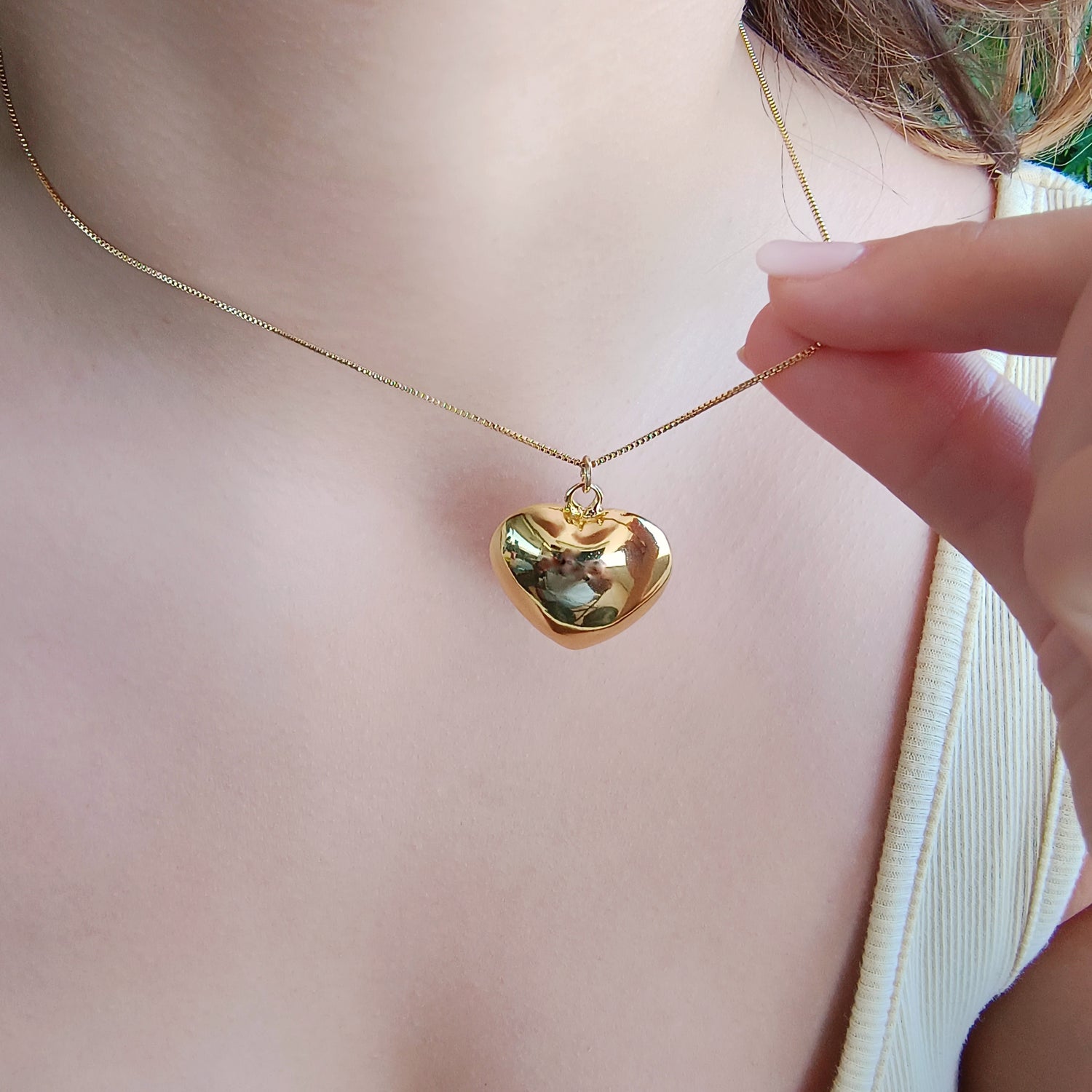 Conjunto Cadena y Colgante Corazón Inflado Grande - Baño de Oro 18Kt