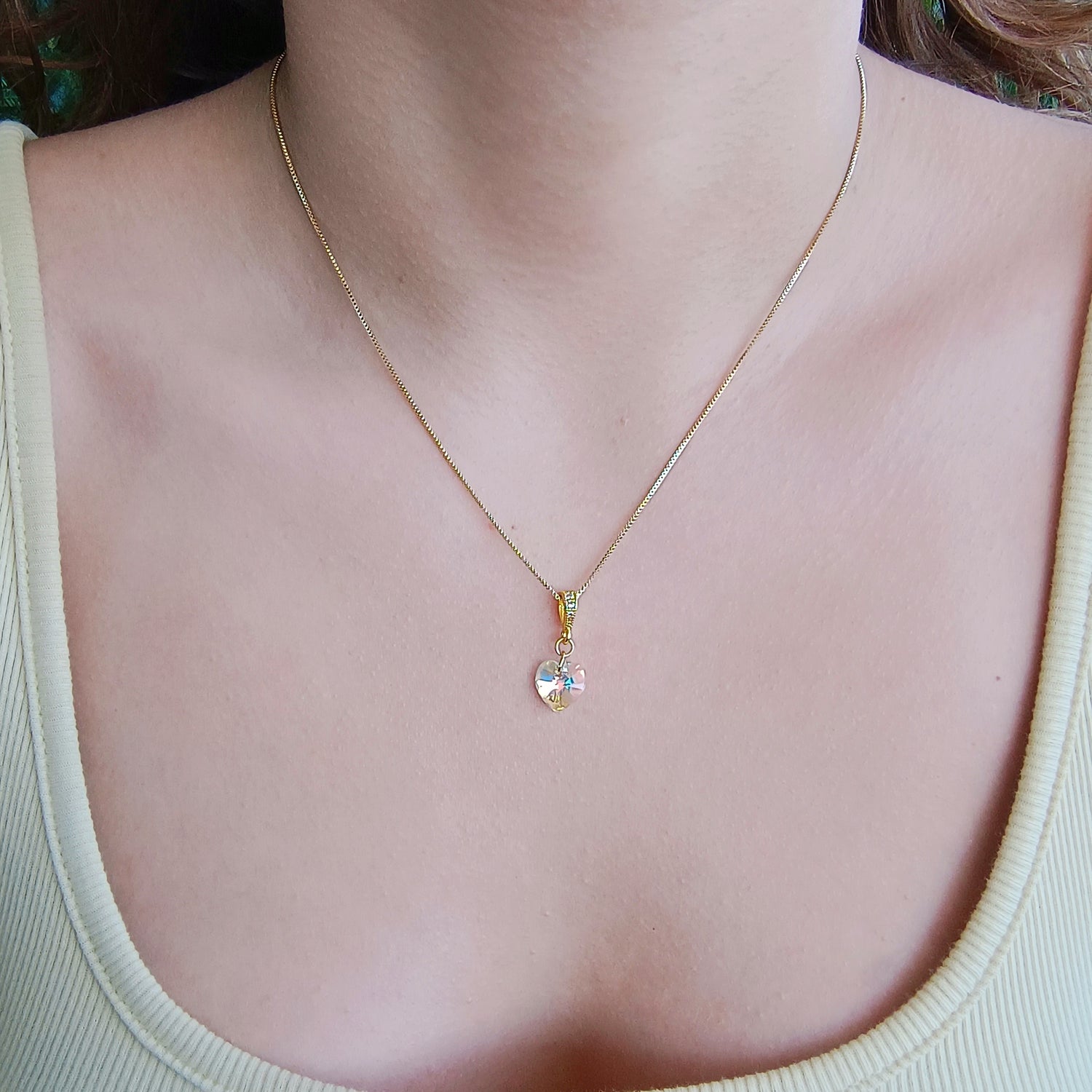 Conjunto Cadena y Colgante Corazón Tornasol Blanco - Baño de Oro 18Kt