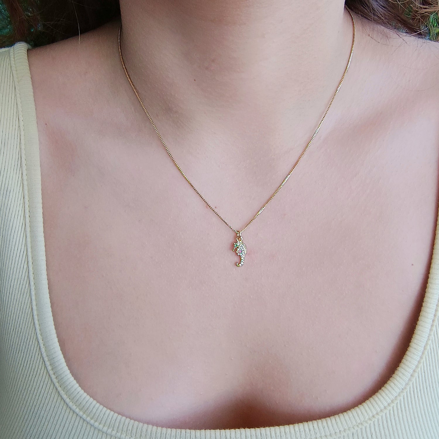 Conjunto Cadena y Colgante Caballo de Mar - Baño de Oro 18Kt