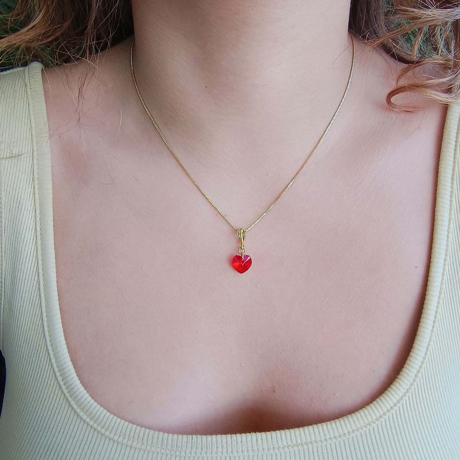 Conjunto Cadena y Colgante Corazón Cristal Rojo - Baño de Oro 18Kt