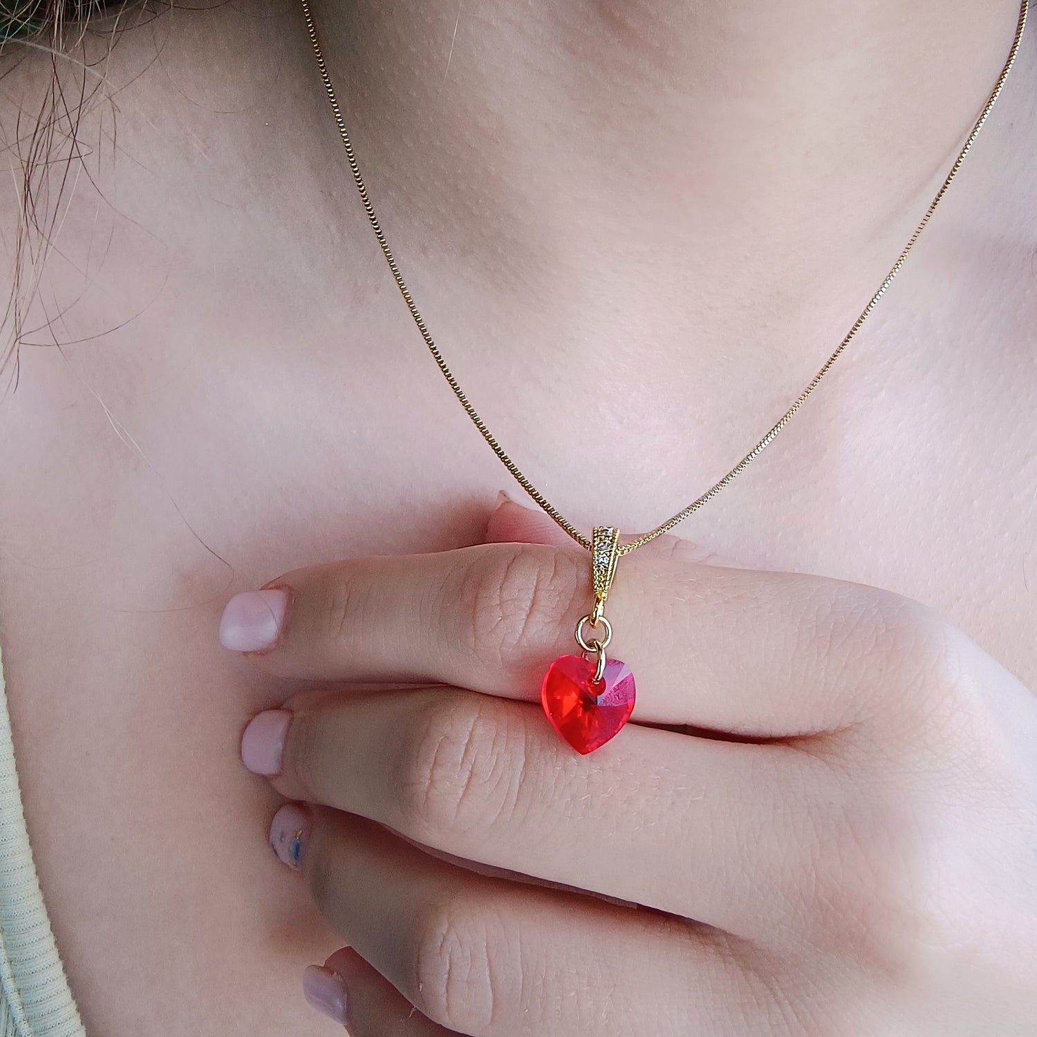Conjunto Cadena y Colgante Corazón Cristal Rojo - Baño de Oro 18Kt