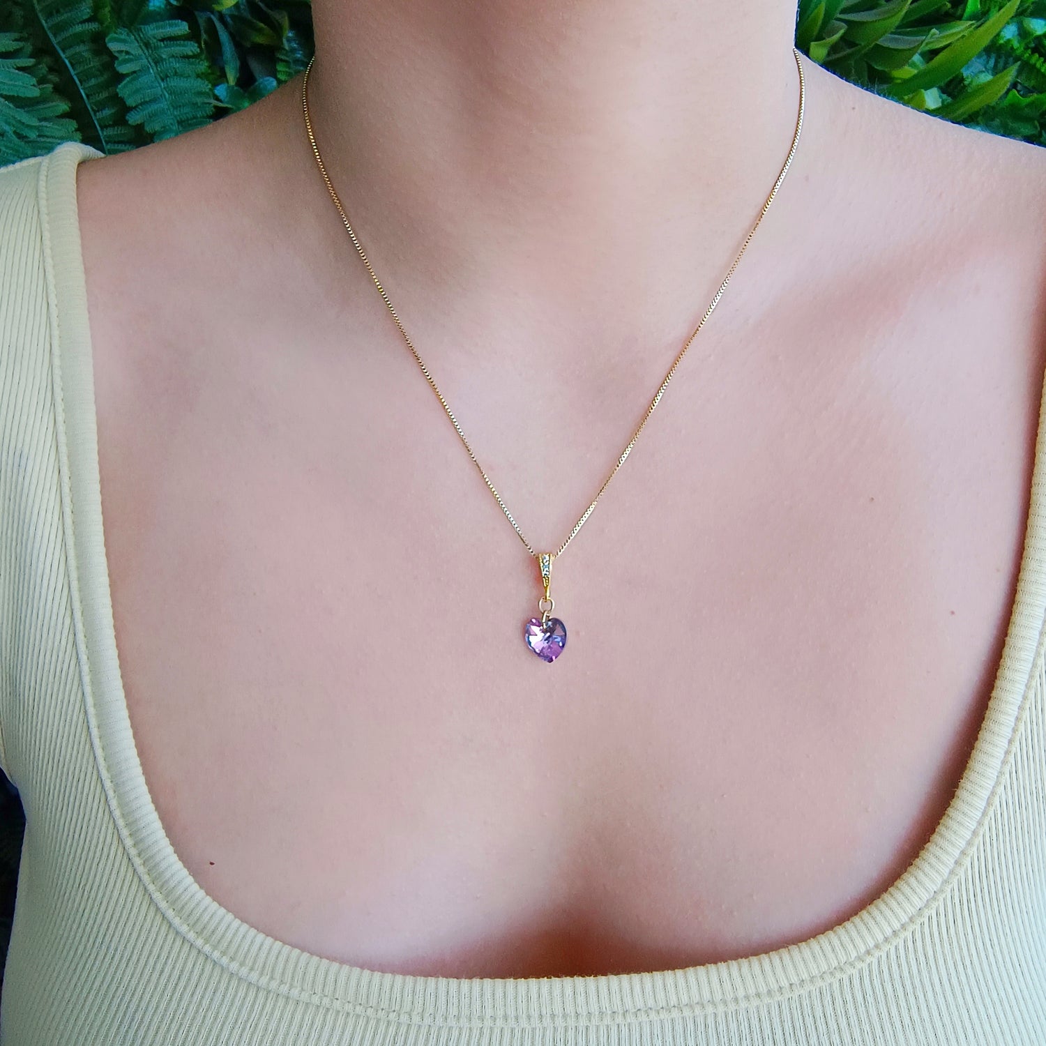 Conjunto Cadena y Colgante Corazón Tornasol Morado - Baño de Oro 18Kt