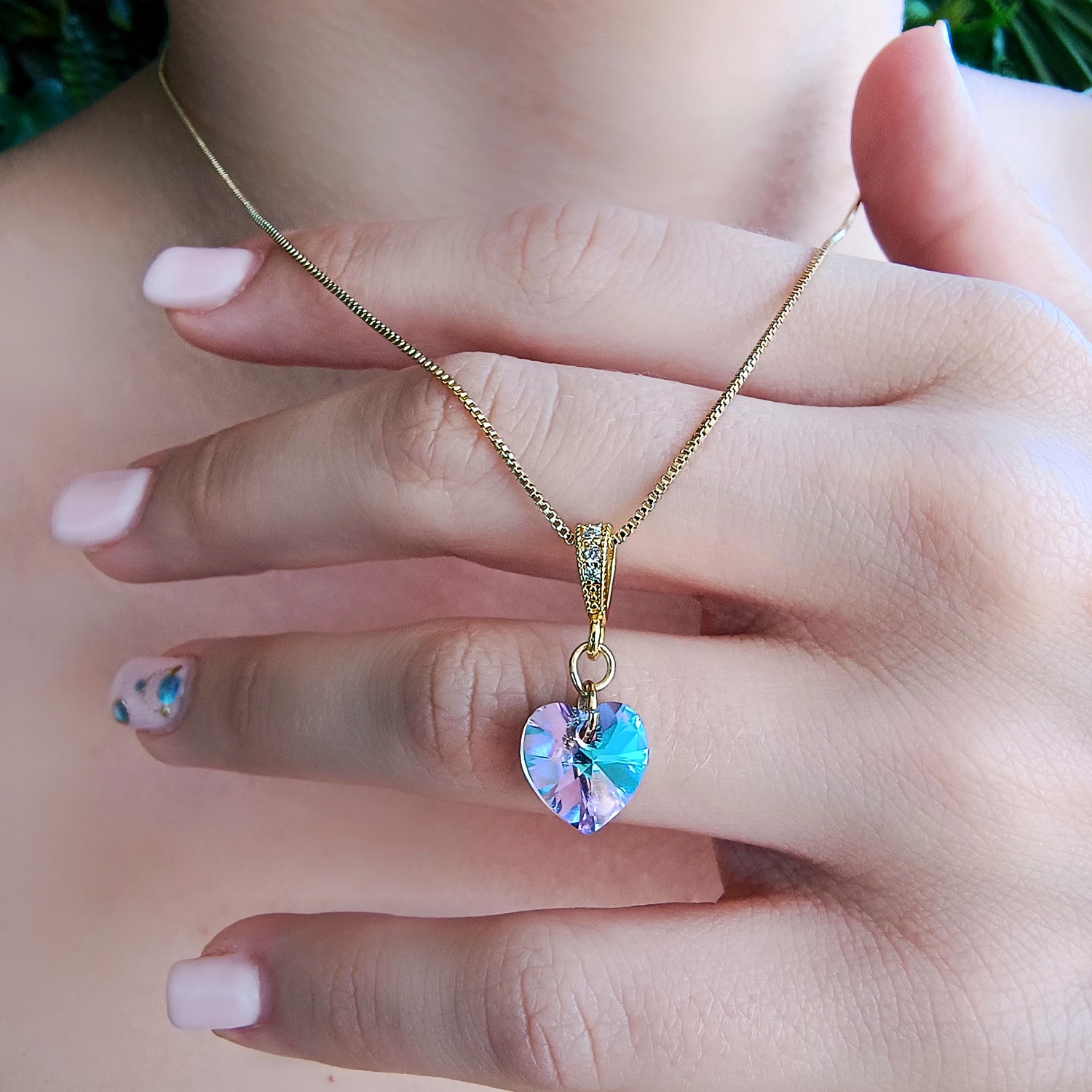 Conjunto Cadena y Colgante Corazón Tornasol Morado - Baño de Oro 18Kt