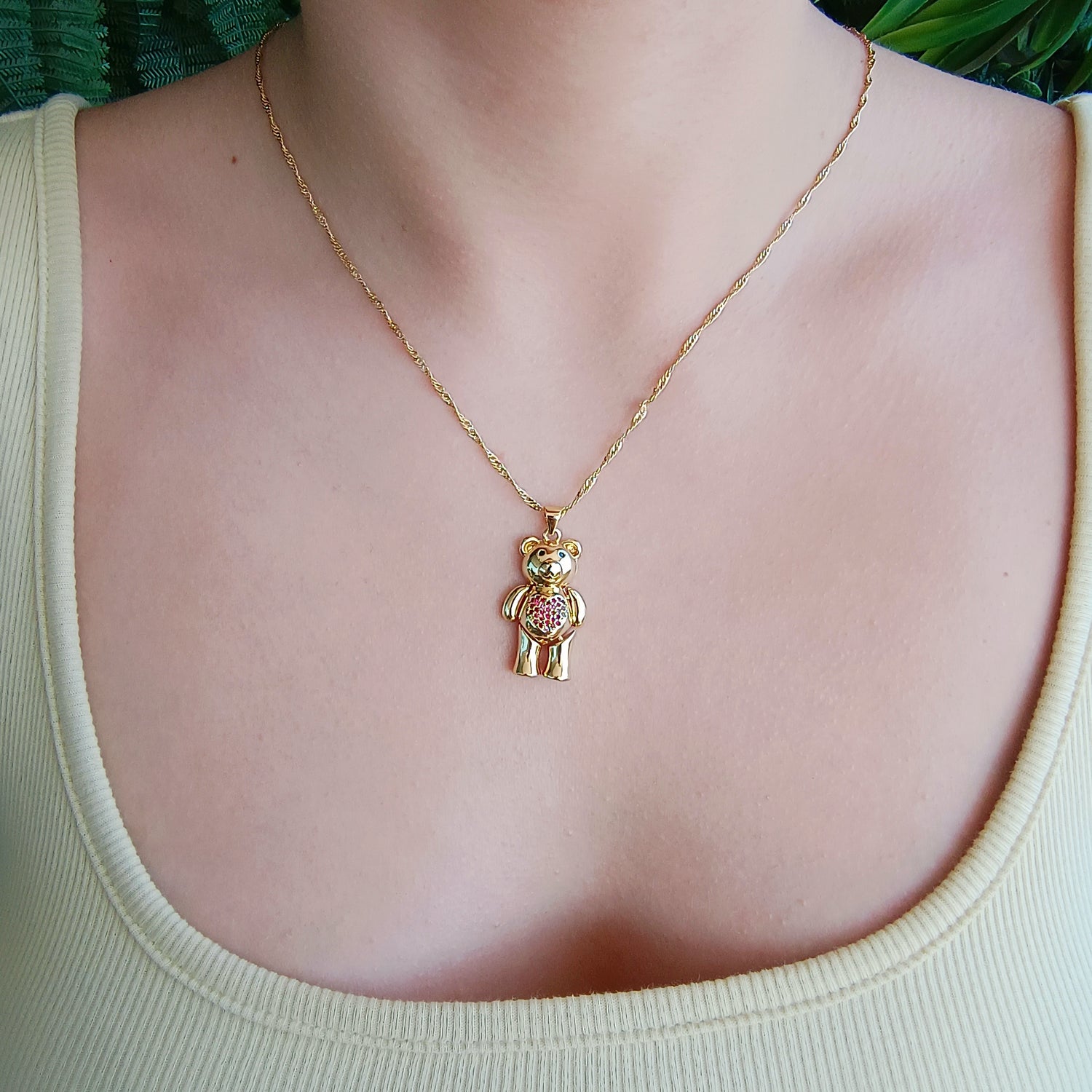 Conjunto Cadena y Colgante Osito Articulado con Corazón de Circones Rojos