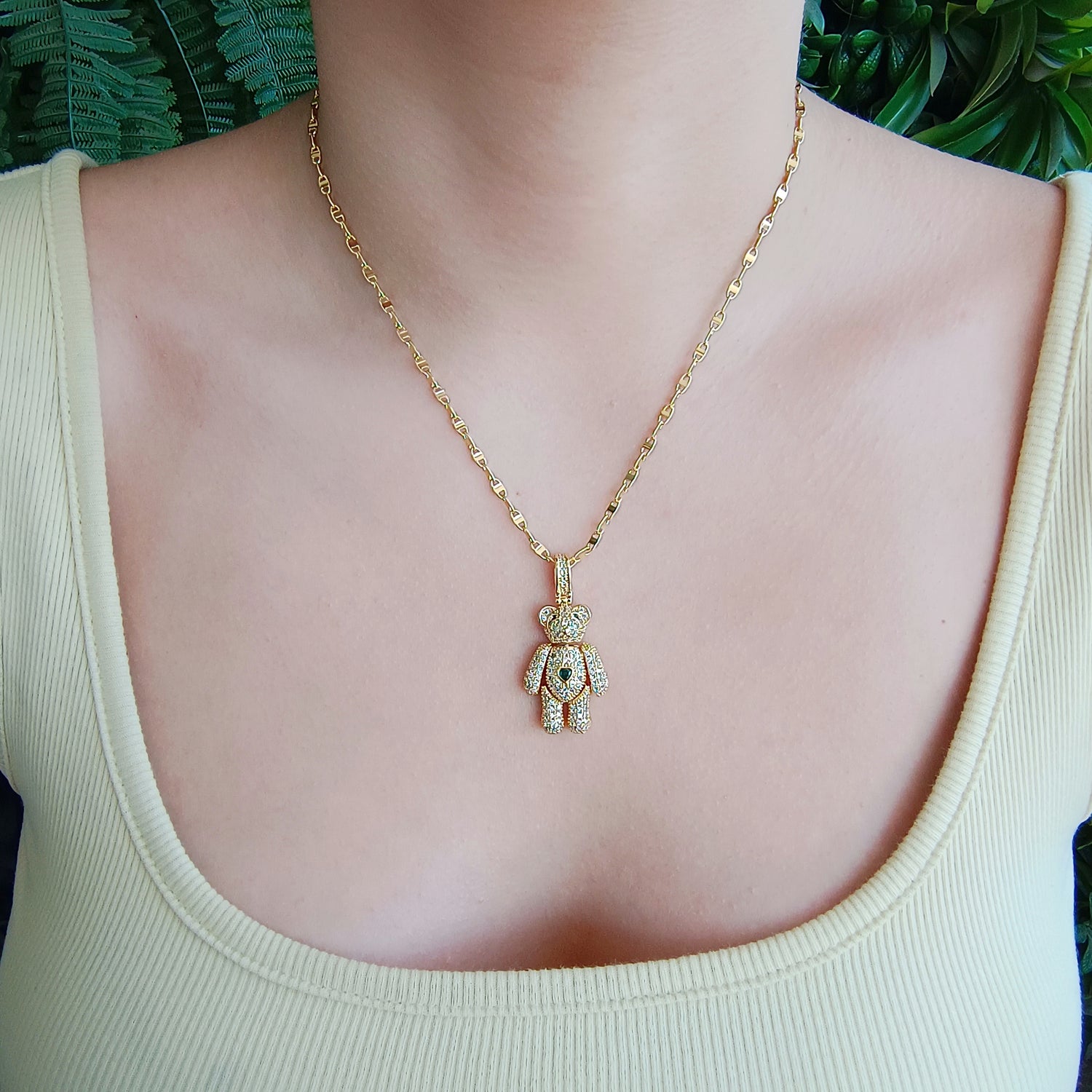 Conjunto Cadena y Colgante Osito Articulado Corazón Verde