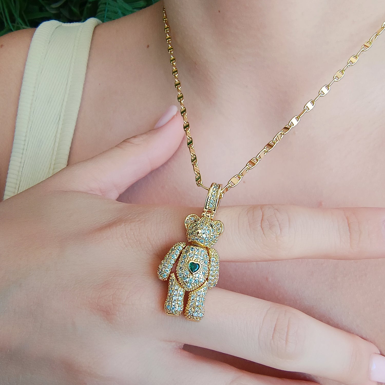 Conjunto Cadena y Colgante Osito Articulado Corazón Verde