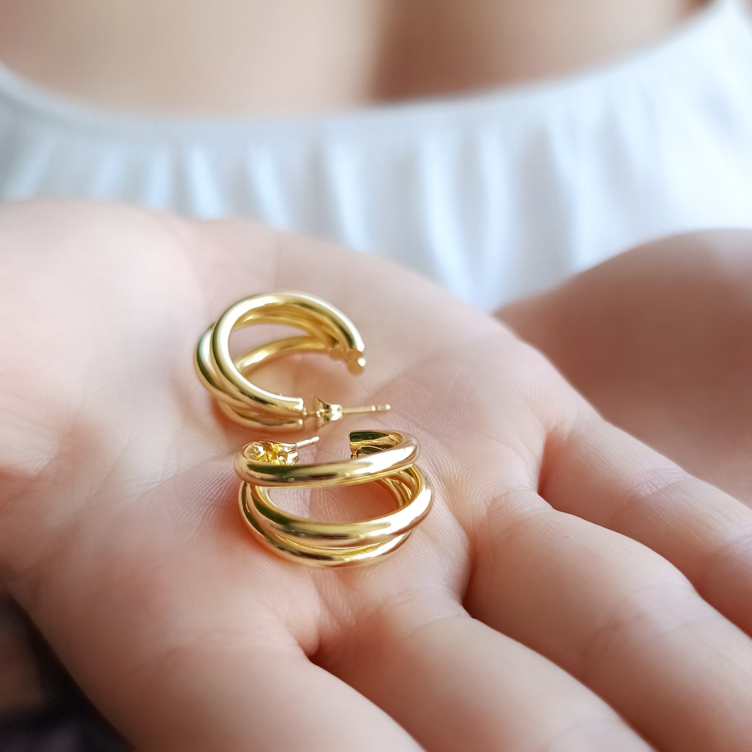 Aros Argolla Triple Tamaño Grande - Baño de Oro 18Kt