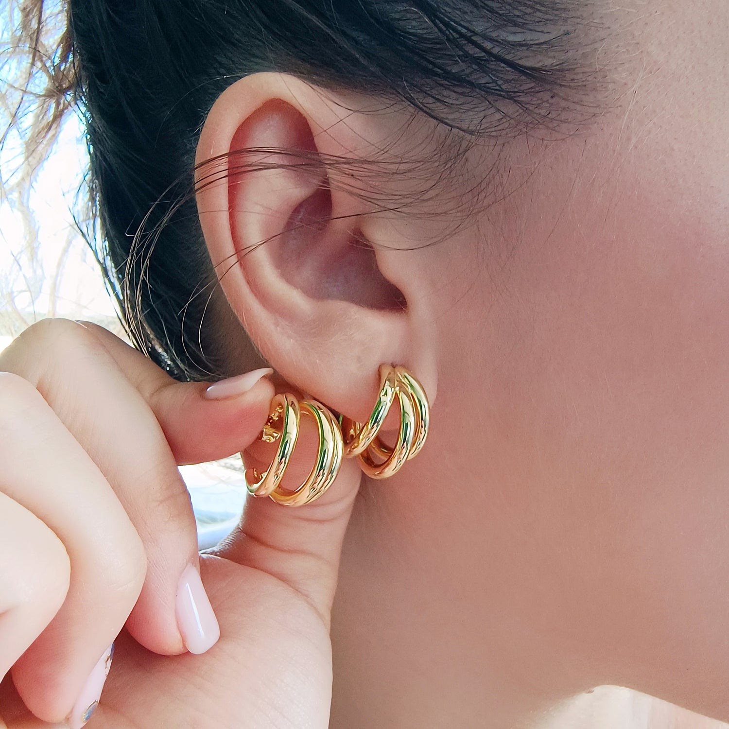 Aros Argolla Triple Tamaño Mediano - Baño de Oro 18Kt