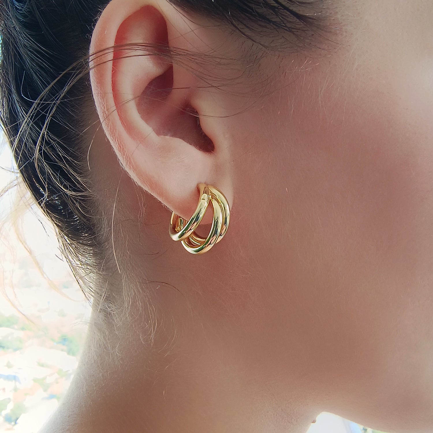 Aros Argolla Triple Tamaño Mediano - Baño de Oro 18Kt