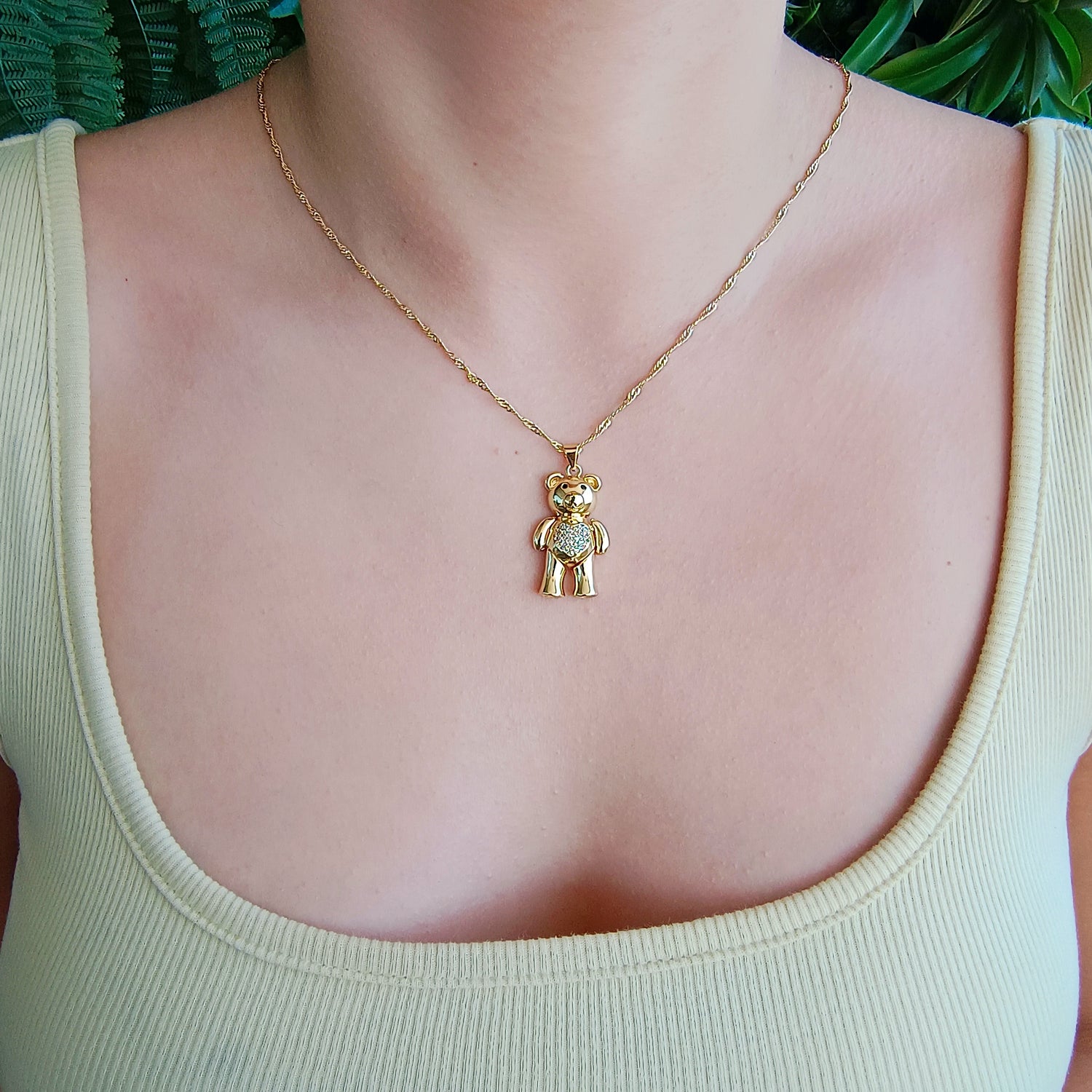 Conjunto Cadena y Colgante Osito Articulado con Corazón de Circones Blancos
